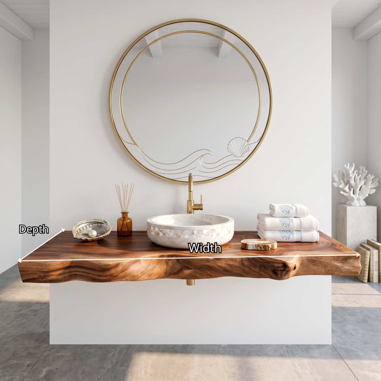 Solid Wood Floating Bathroom Vanity Shelf with Sculpted Live Edge for Modern Decor