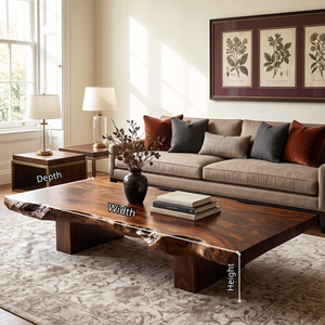 Coffee Table Solid Wood with Organic Live Edge and Block Base for Living Room