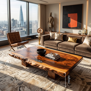 Coffee Table Solid Wood with Japanese Style Live Edge Slab and Block Base
