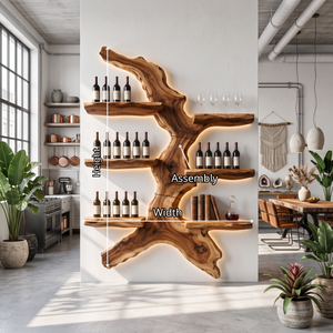 Wall Mounted Wine Rack Solid Wood with Sculptural Organic Form Shelves