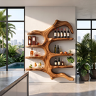 Wall Mounted Wine Rack Solid Wood with Sculptural Organic Frame and Floating Shelves