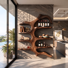 Wall Mounted Wine Rack Solid Wood with Sculptural Organic Frame and Floating Shelves