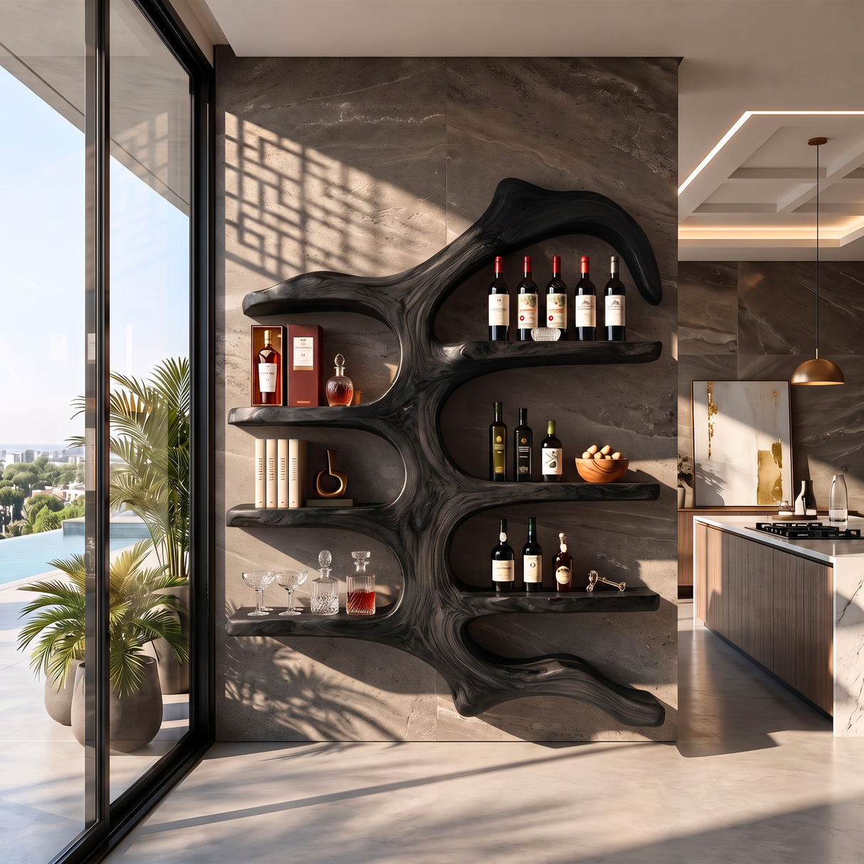 Wall Mounted Wine Rack Solid Wood with Sculptural Organic Frame and Floating Shelves