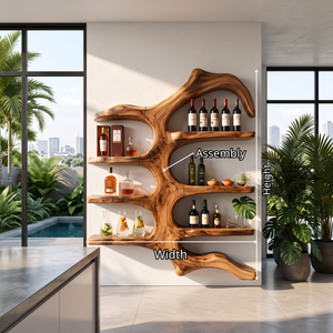 Wall Mounted Wine Rack Solid Wood with Sculptural Organic Frame and Floating Shelves