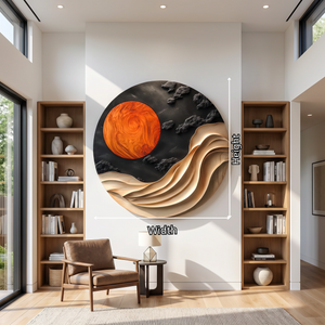 Wall Art Solid Wood with Sculptural Wave and Sun Design for Living Room Decor