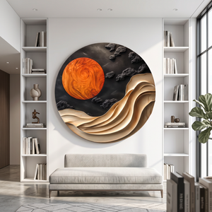 Wall Art Solid Wood with Sculptural Wave and Sun Design for Living Room Decor