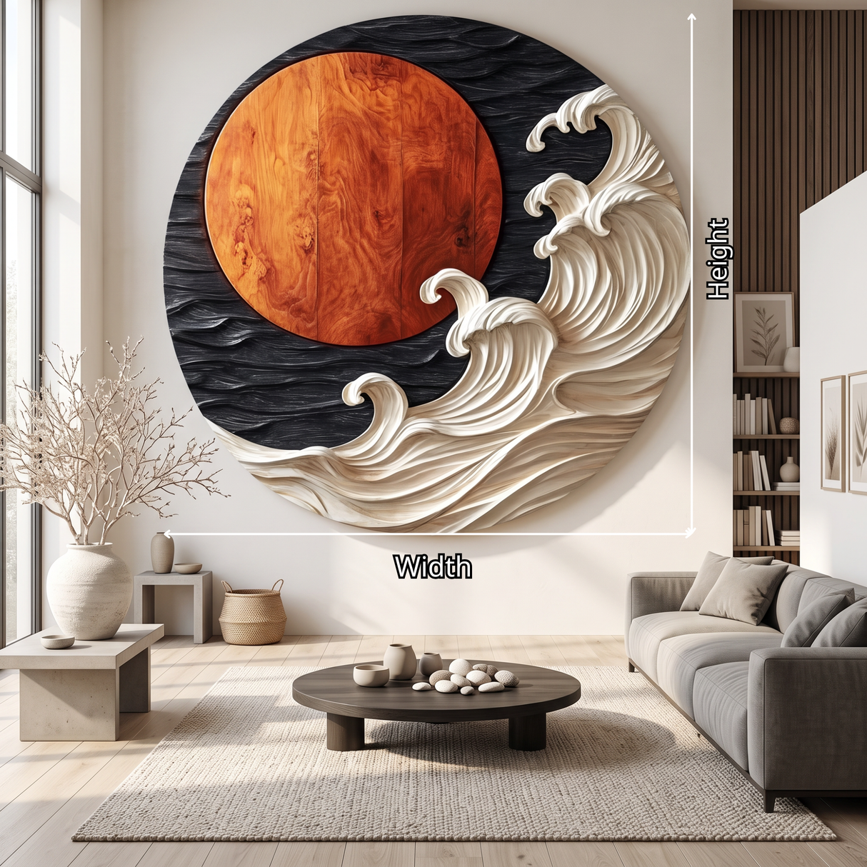 Round Wall Art Solid Wood with Sculptural Ocean Waves and Rising Sun for Home Decor