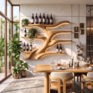 Wall-Mounted Wine Rack Solid Wood with Sculptural Organic Form and Display Shelves