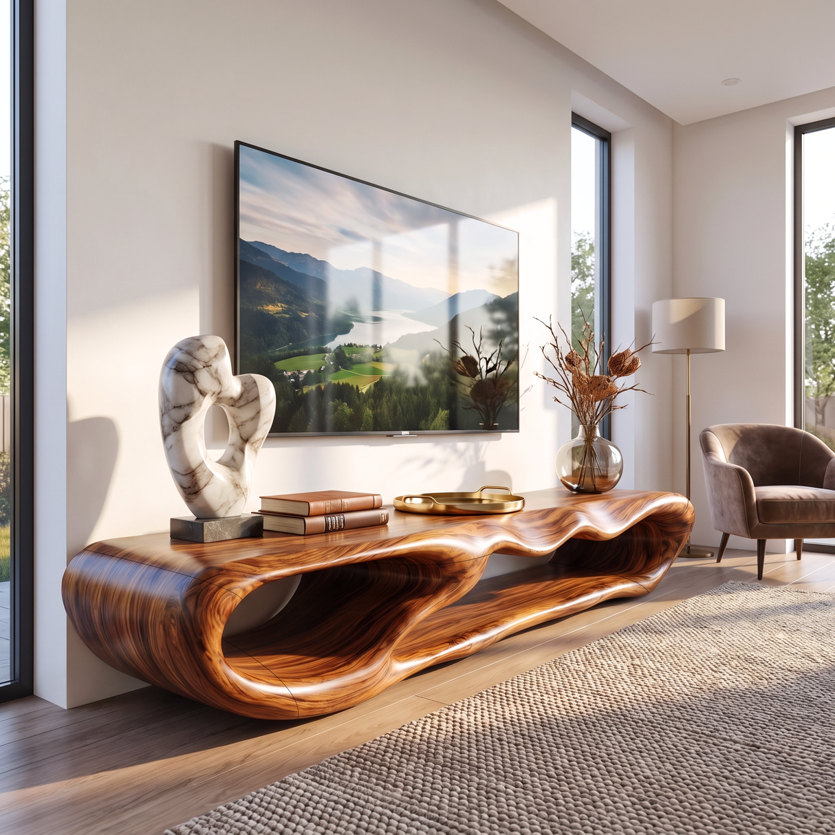 TV Console Solid Wood with Sculptural Double Loop Base for Living Room Decor