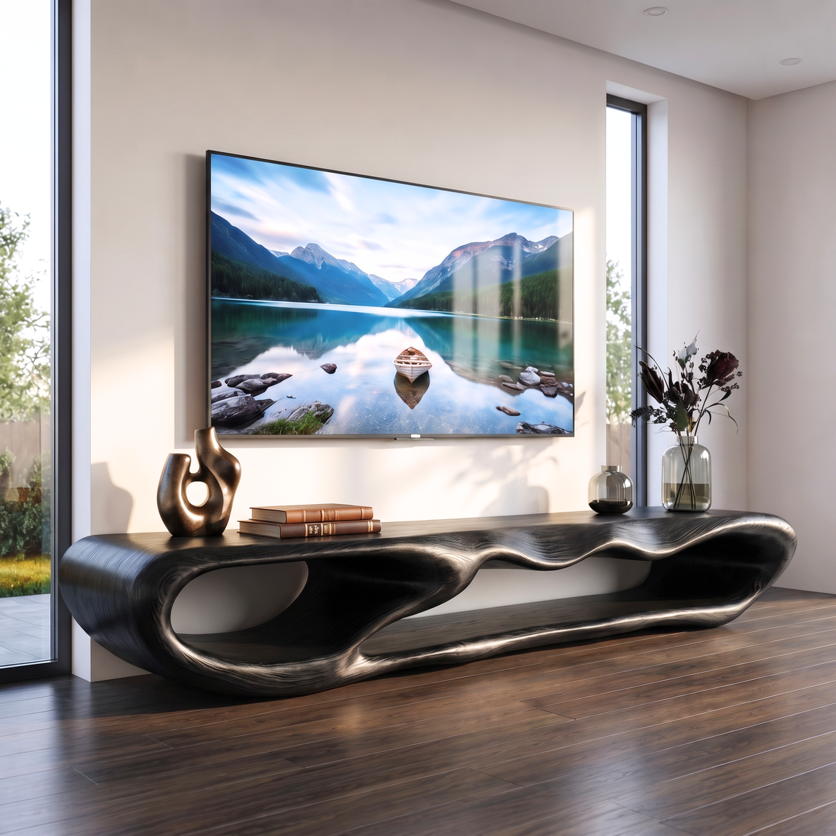 TV Console Solid Wood with Sculptural Double Loop Base for Living Room Decor