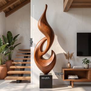 Tall Solid Wood Abstract Flame Floor Sculpture with Plinth for Modern Interiors