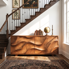 Sideboard Solid Wood with Sculptural Flowing Relief Doors for Living Room Decor