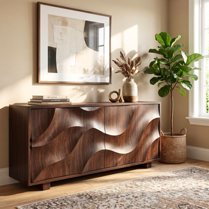 Sideboard Solid Wood with Sculptural Flowing Relief Doors for Living Room Decor