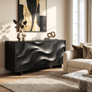 Sideboard Solid Wood with Sculptural Flowing Relief Doors for Living Room Decor