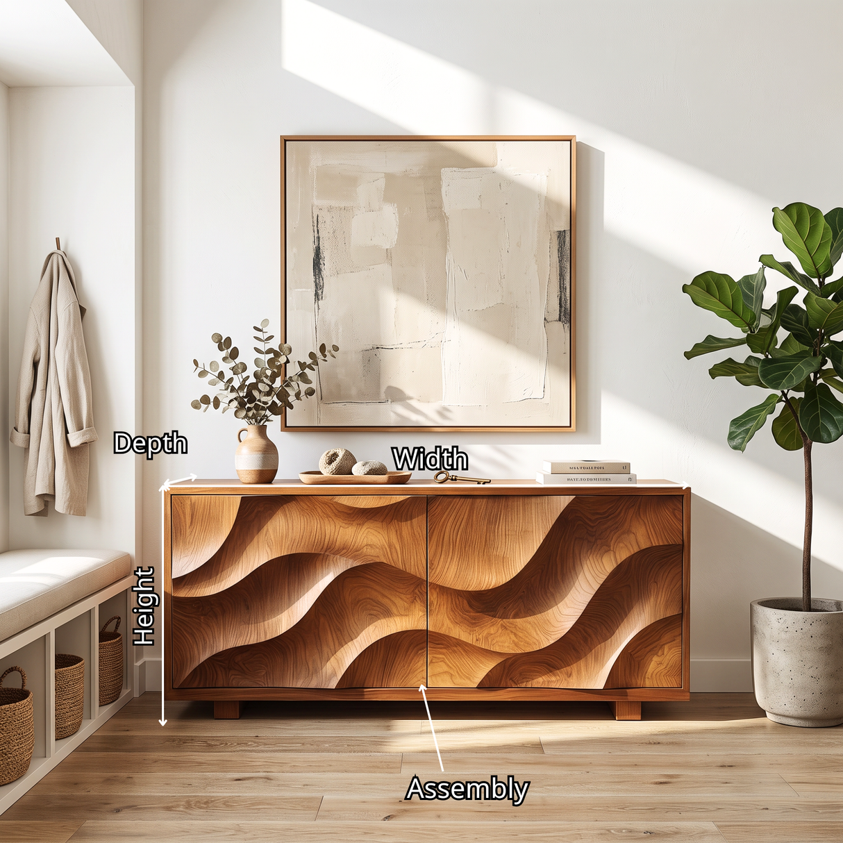 Sideboard Solid Wood with Sculptural Flowing Relief Doors for Living Room Decor