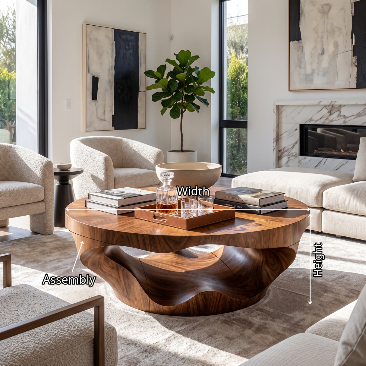 Coffee Table Solid Wood with Sculptural Crescent Wave Base
