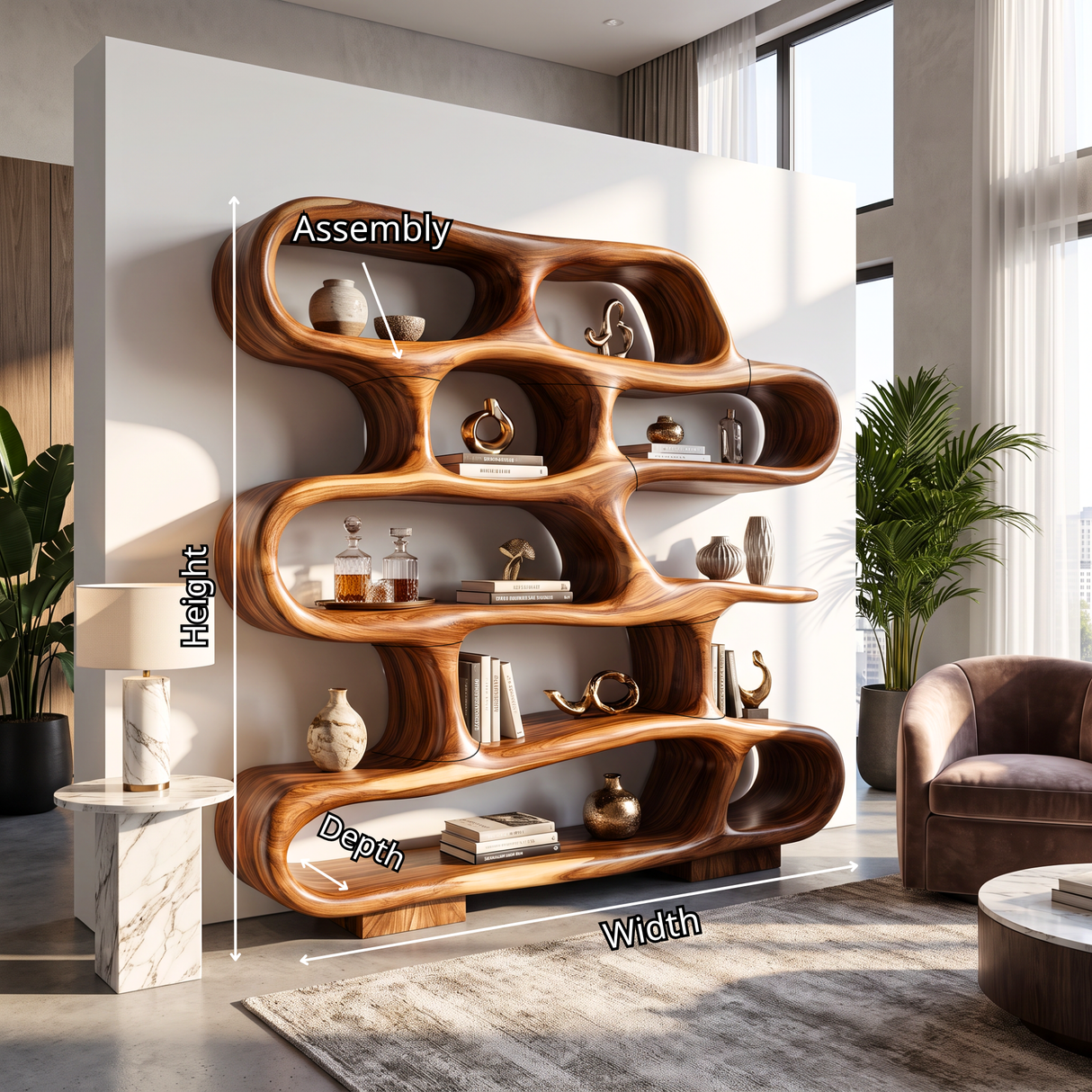 Bookshelf Solid Wood with Sculptural Freeform Loop Shelves for Living Room Display