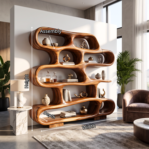 Bookshelf Solid Wood with Sculptural Freeform Loop Shelves for Living Room Display