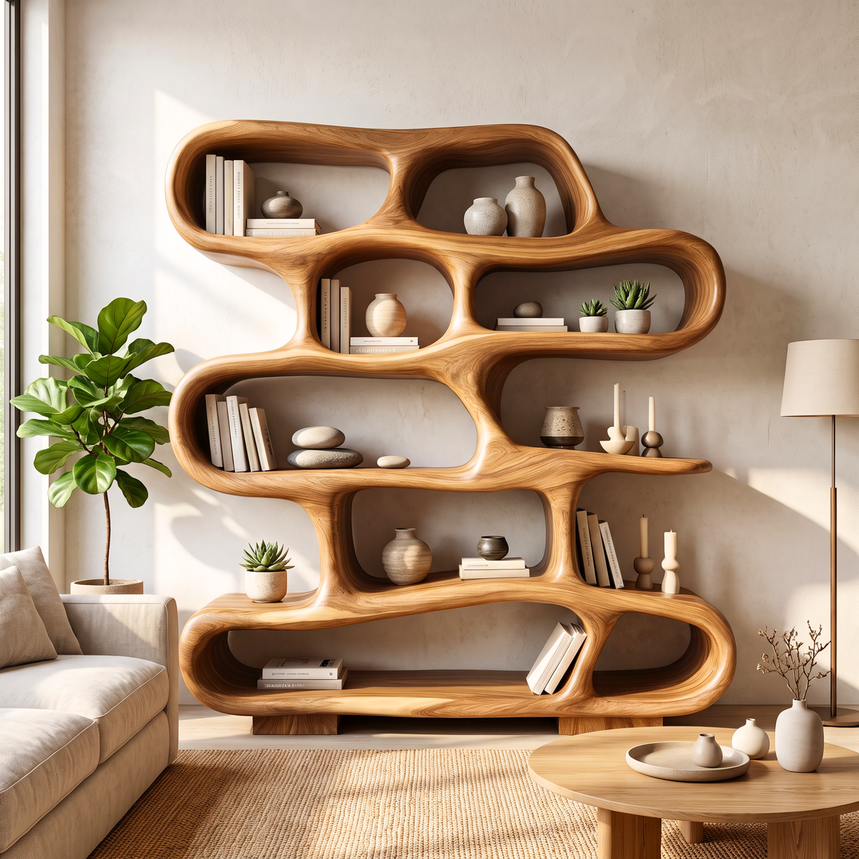 Bookshelf Solid Wood with Sculptural Freeform Loop Shelves for Living Room Display