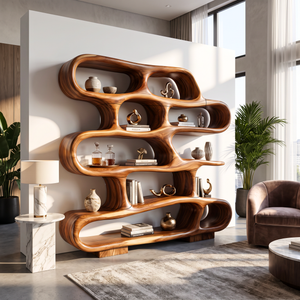 Bookshelf Solid Wood with Sculptural Freeform Loop Shelves for Living Room Display