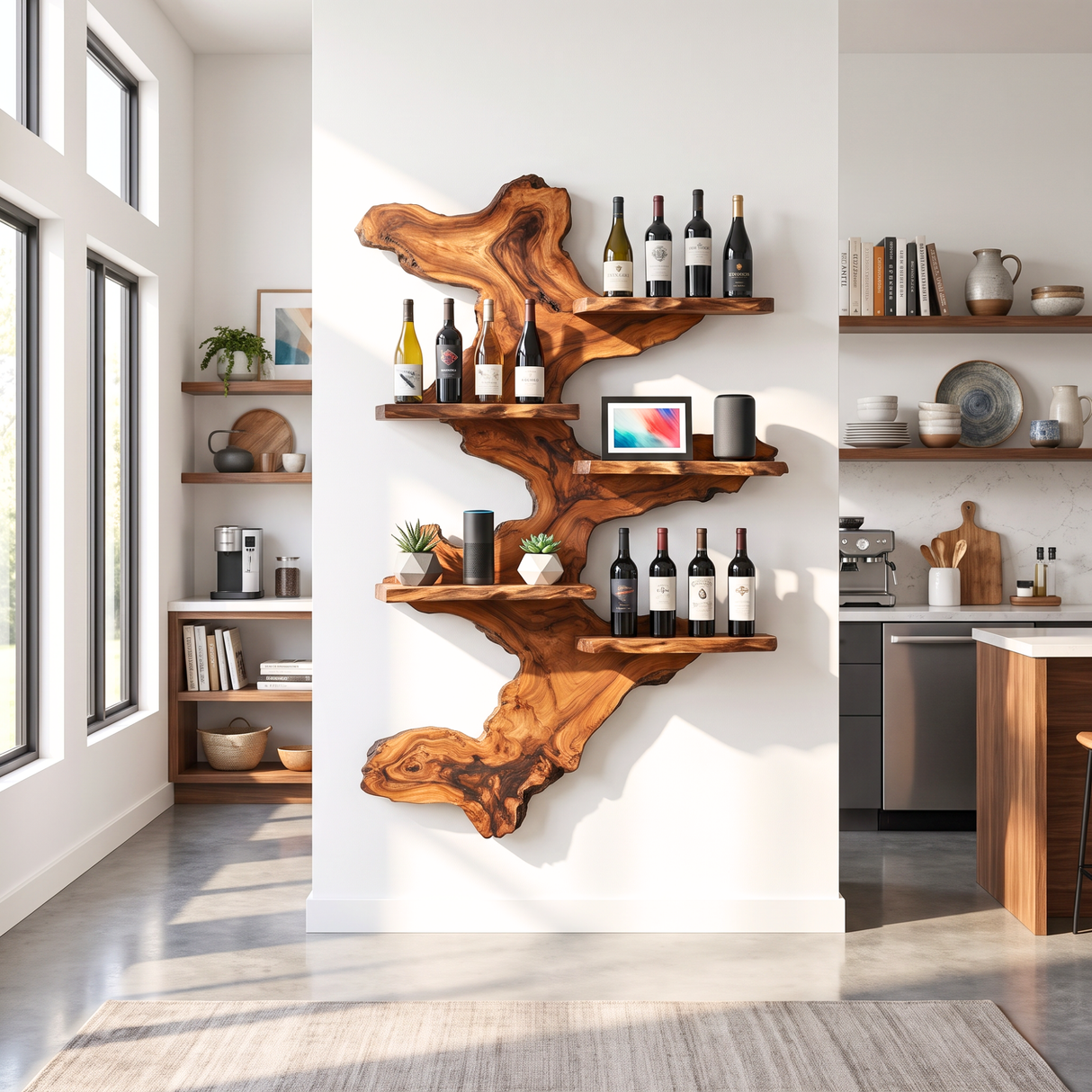 Wall Mounted Wine Rack Solid Wood with Abstract Live Edge Form and Floating Shelves