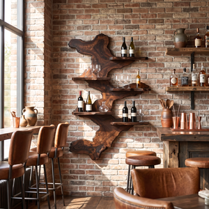 Wall Mounted Wine Rack Solid Wood with Abstract Live Edge Form and Floating Shelves