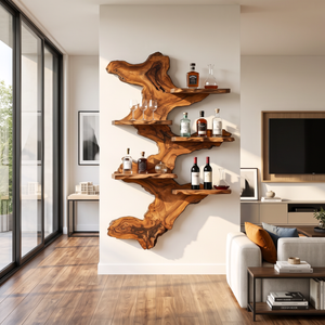 Wall Mounted Wine Rack Solid Wood with Abstract Live Edge Form and Floating Shelves