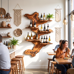 Wall Mounted Wine Rack Solid Wood with Abstract Live Edge Form and Floating Shelves