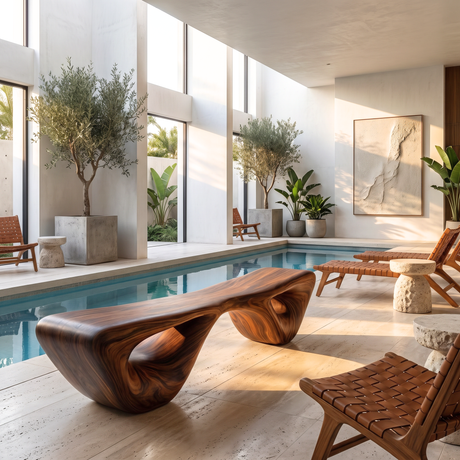 Bench Solid Wood with Sculptural Organic Base and Flowing Live Edge Seat