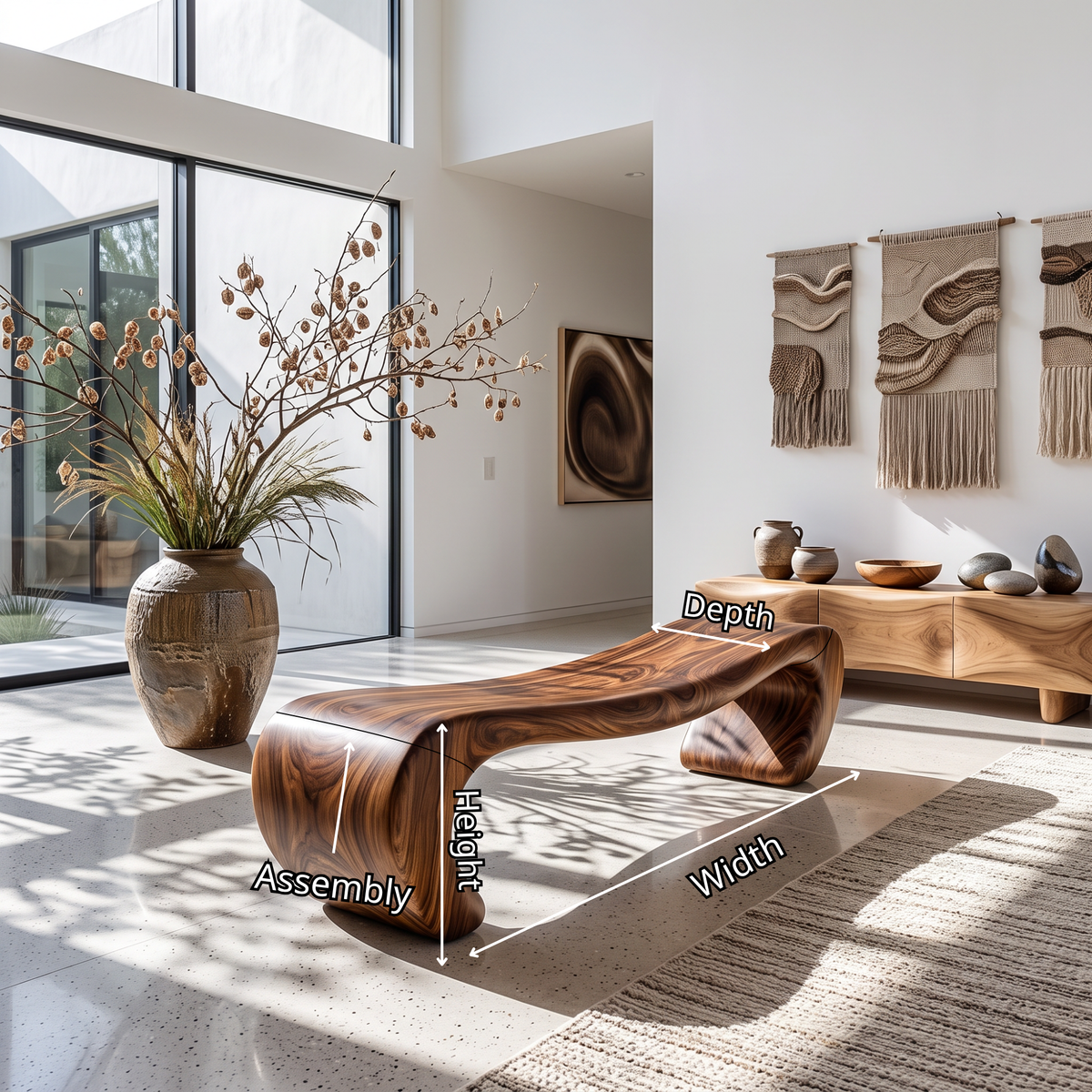 Bench Solid Wood with Sculptural Waterfall Base and Flowing Organic Seat