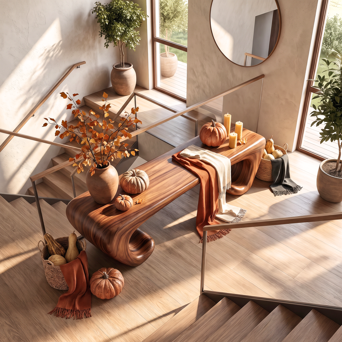 Bench Solid Wood with Sculptural Scroll Base and Flowing Organic Seat