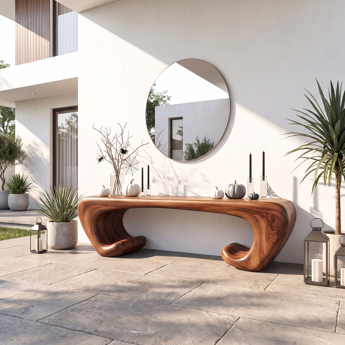 Bench Solid Wood with Sculptural Scroll Base and Flowing Organic Seat