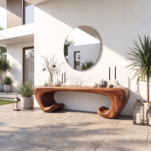 Bench Solid Wood with Sculptural Scroll Base and Flowing Organic Seat