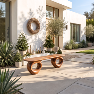 Bench Solid Wood with Sculptural Ring Base and Flowing Live Edge Seat