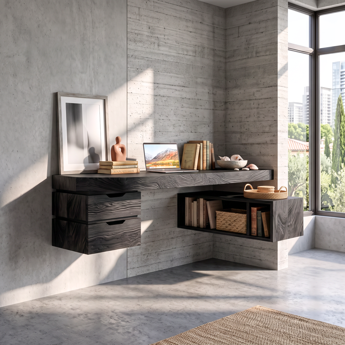 Wall Mounted Solid Wood Desk With Drawers And Storage Shelf