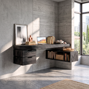 Wall Mounted Solid Wood Desk With Drawers And Storage Shelf