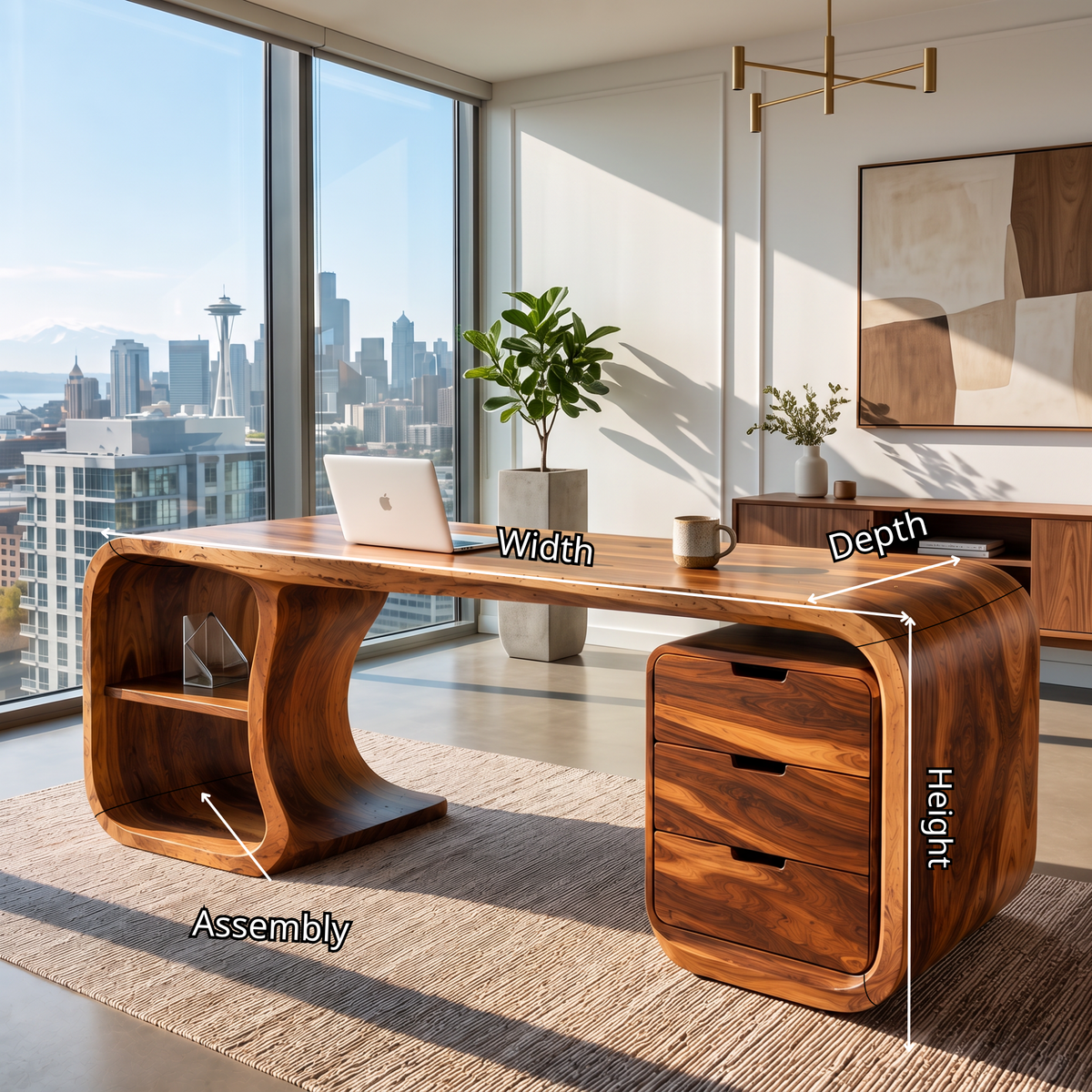 Curved Solid Wood Desk With 3 Drawers And Open Shelf For Home Office