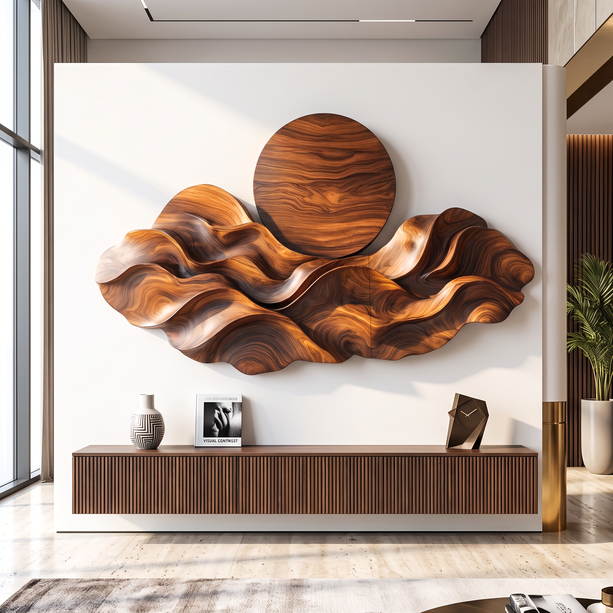 Wall Sculpture Solid Wood with Layered Wave Landscape and Circular Sun Design