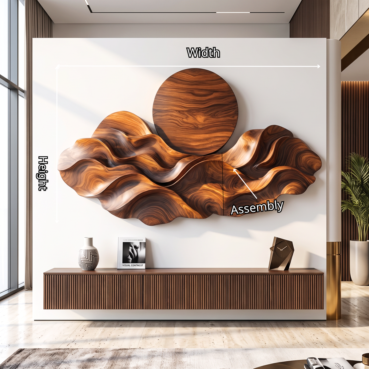 Wall Sculpture Solid Wood with Layered Wave Landscape and Circular Sun Design