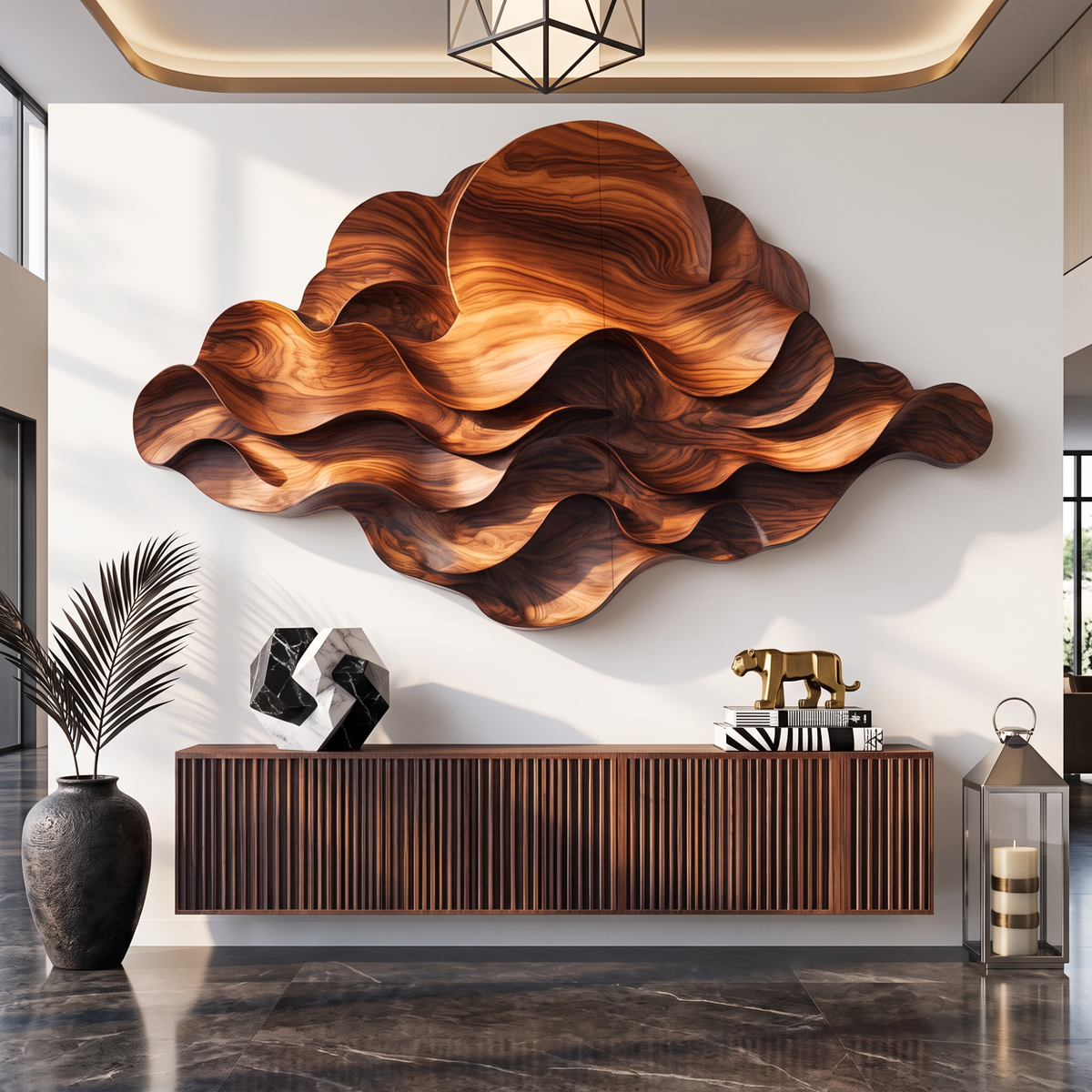 Wall Sculpture Solid Wood with Layered Flowing Waves and Rising Sun Design
