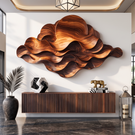 Wall Sculpture Solid Wood with Layered Flowing Waves and Rising Sun Design