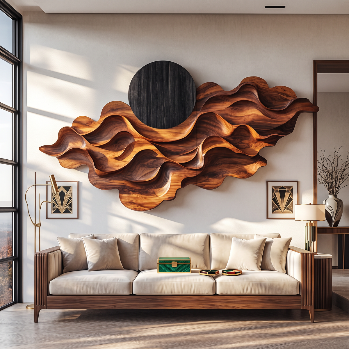 Wall Sculpture Solid Wood with Layered Flowing Waves and Black Sun Design
