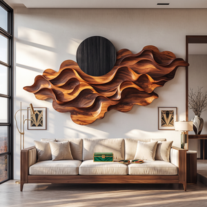 Wall Sculpture Solid Wood with Layered Flowing Waves and Black Sun Design