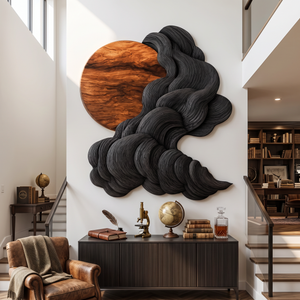 Wall Sculpture Solid Wood with Black Flowing Cloud Layers and Natural Wood Sun Design