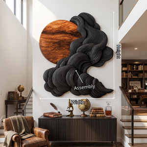 Wall Sculpture Solid Wood with Black Flowing Cloud Layers and Natural Wood Sun Design