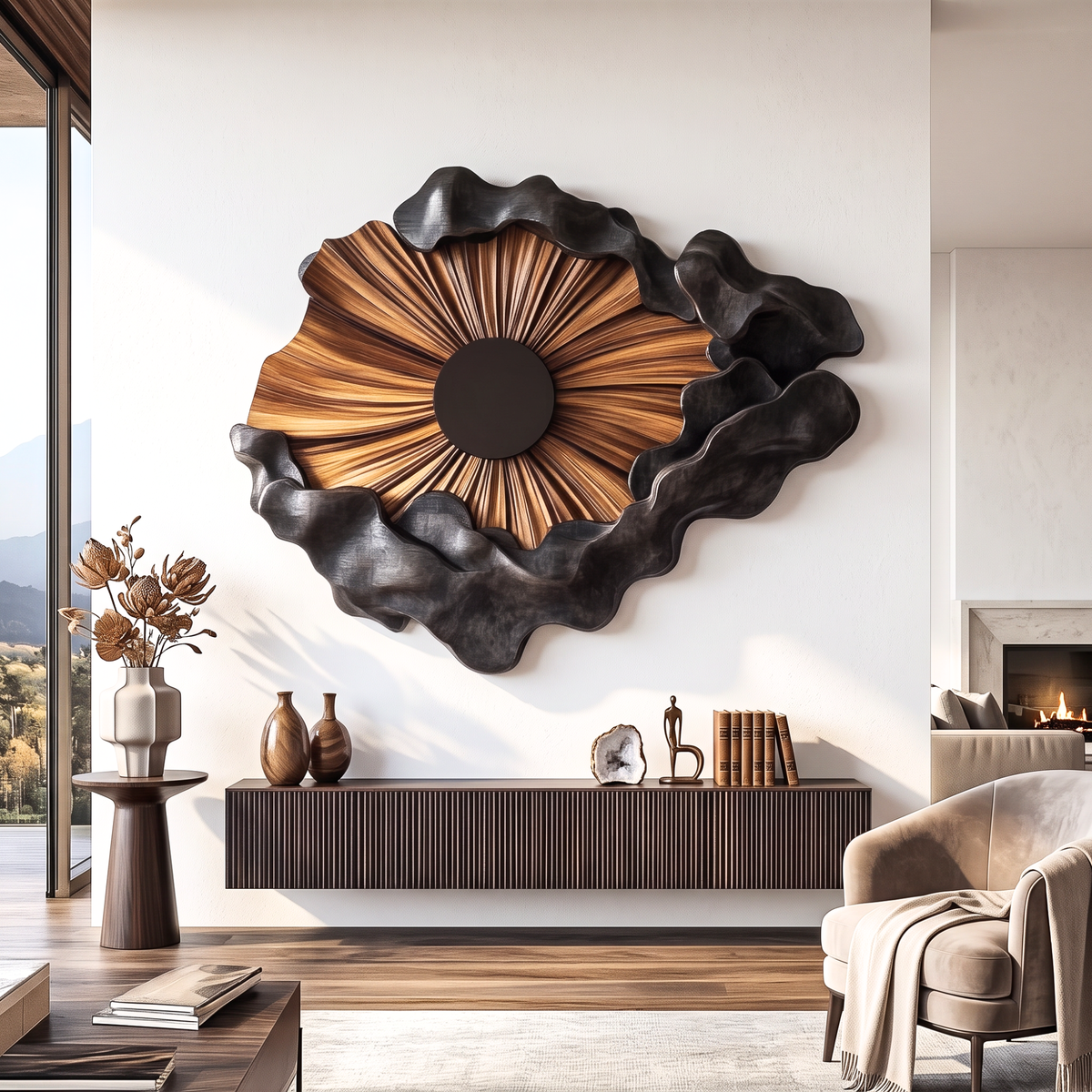 Wall Sculpture Solid Wood with Radiating Sun Design and Sculptural Black Cloud Layers