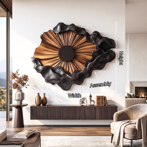 Wall Sculpture Solid Wood with Radiating Sun Design and Sculptural Black Cloud Layers
