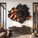 Wall Sculpture with Radiating Black Sun and Flowing Organic Wave Design