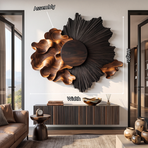 Wall Sculpture with Radiating Black Sun and Flowing Organic Wave Design