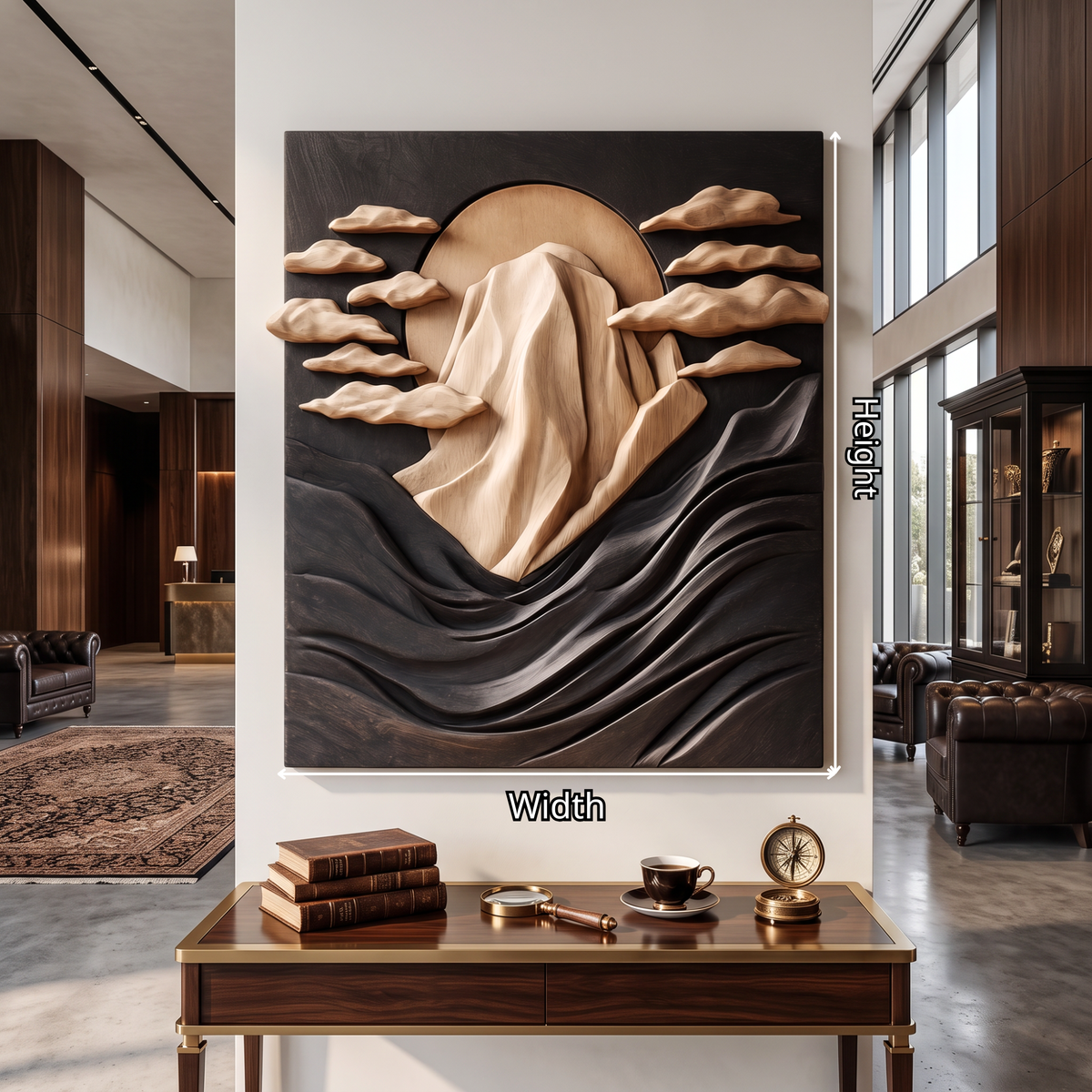 Wall Sculpture Solid Wood with Mountain Peak, Rising Sun and Flowing Wave Relief